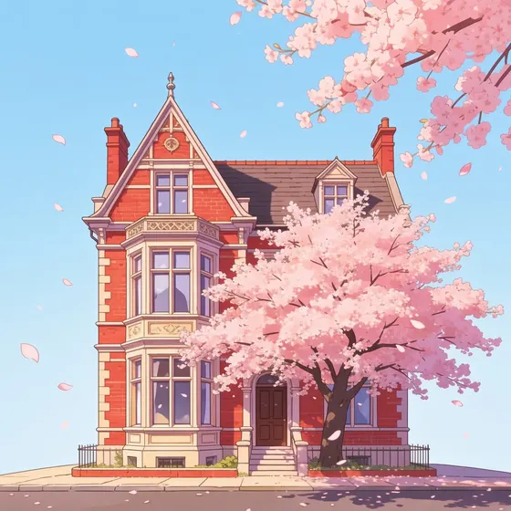 A red-brick Victorian house beneath a cherry tree in full blossom