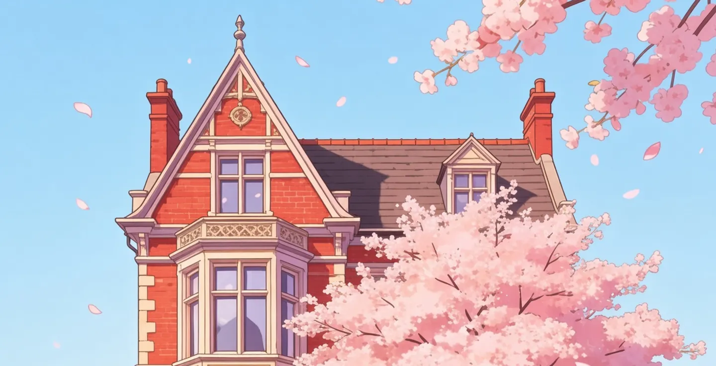A red-brick Victorian house beneath a cherry tree in full blossom